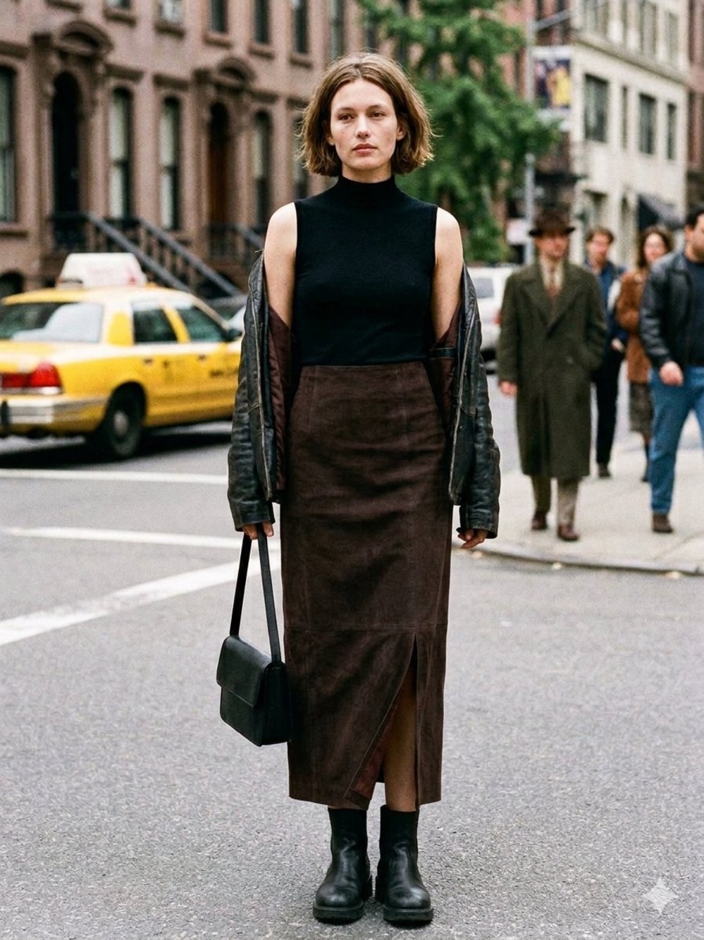 Vintage 90s Norton Studio Chocolate Brown Slit Midi Skirt - Size 12 Faux Suede